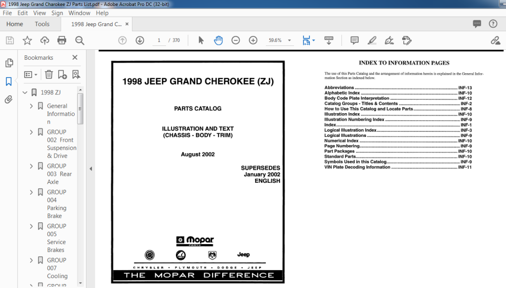 Picture of: Jeep Grand Cherokee ZJ Parts List Manual – PDF DOWNLOAD