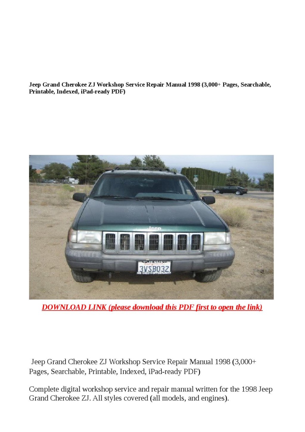 Picture of: Jeep grand cherokee zj workshop service repair manual  (,