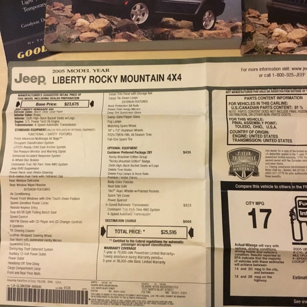 Picture of: JEEP LIBERTY OWNERS MANUAL PACKET SET + FACTORY WINDOW STICKER